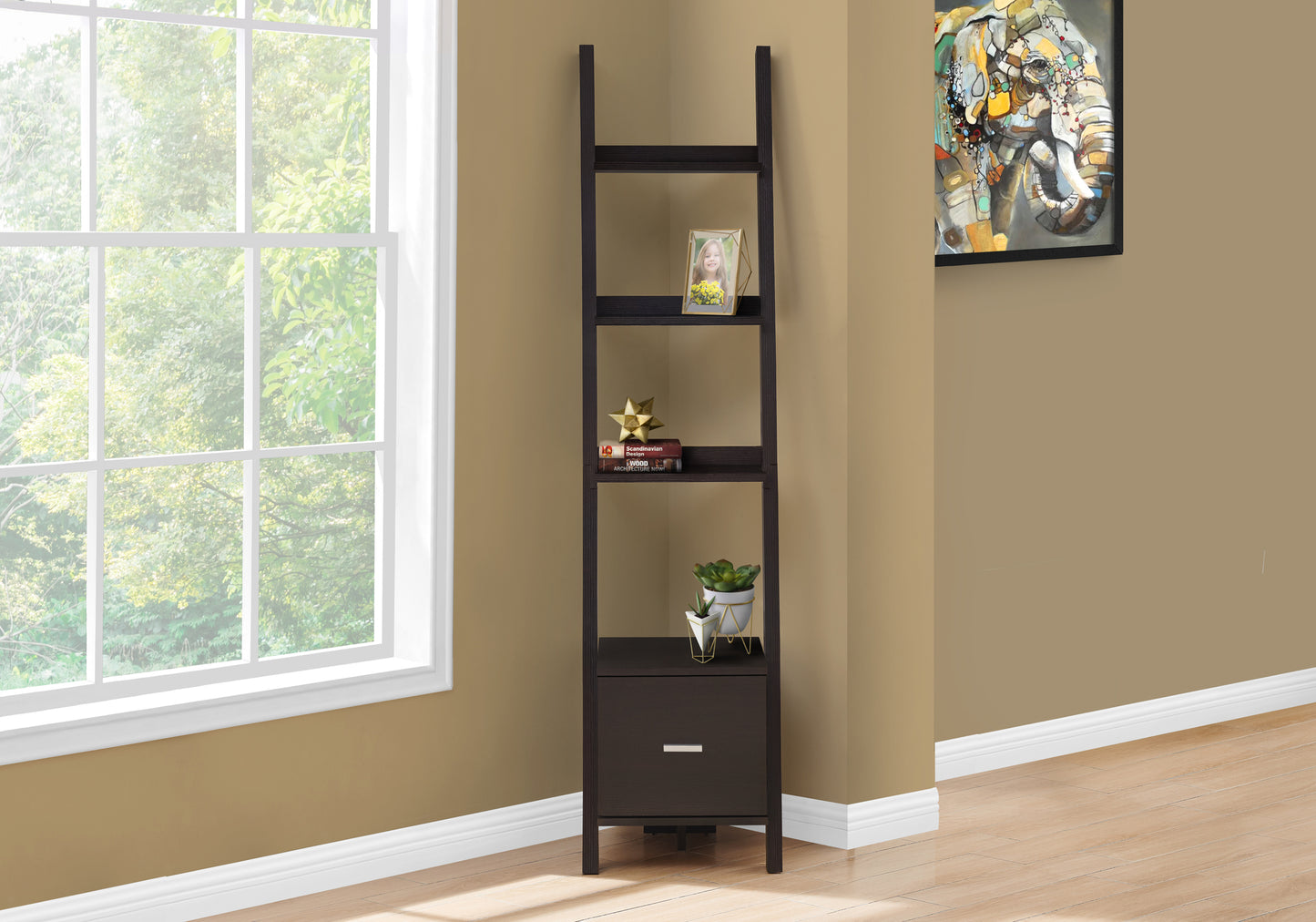 Bookshelf, Bookcase, Etagere, Corner, Ladder, 69"h, Office, Bedroom, Brown Laminate, Contemporary, Modern