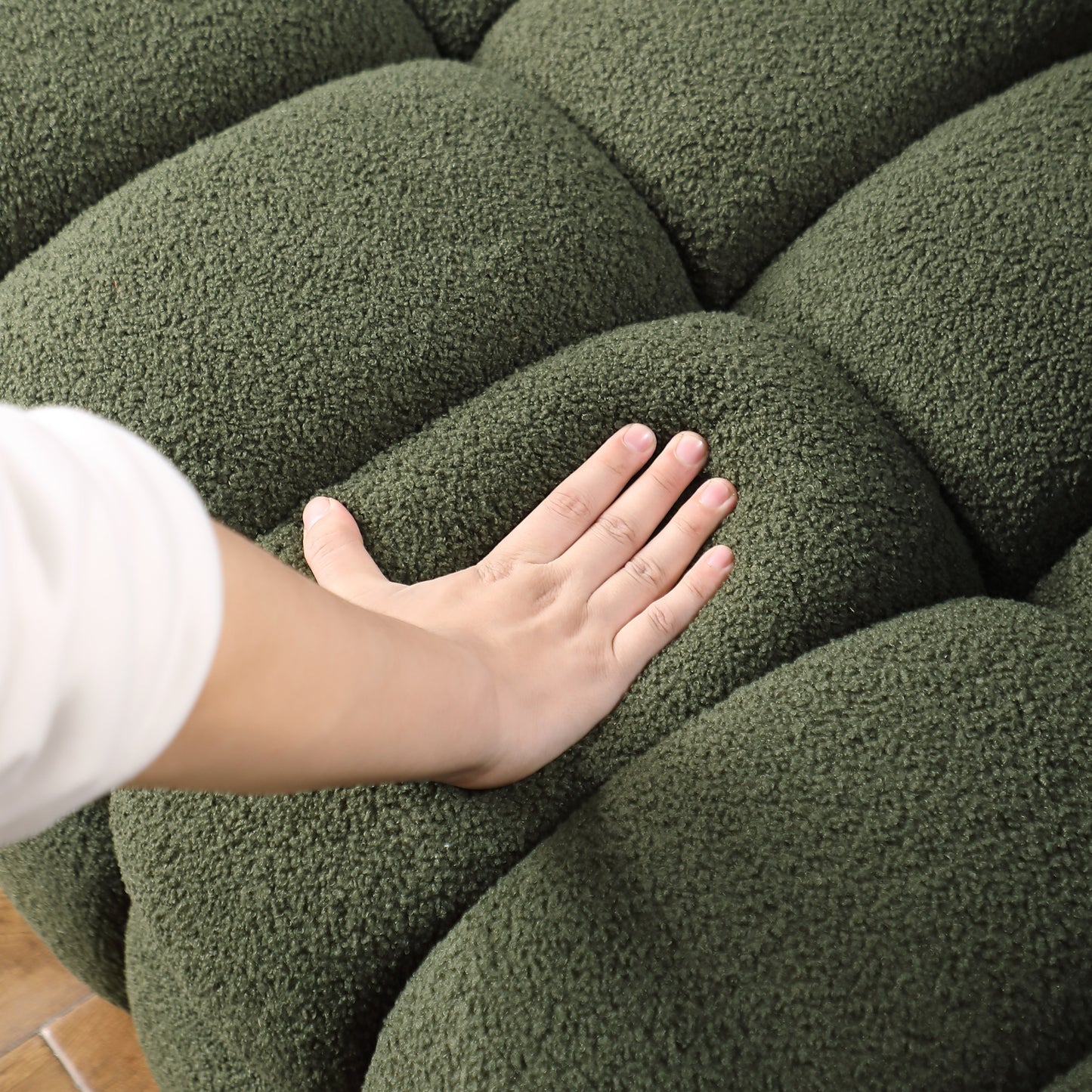 84.3 length ,35.83" deepth ,human body structure for USA people,  marshmallow sofa,boucle sofa ,3 seater, OLIVE GREEN BOUCLE