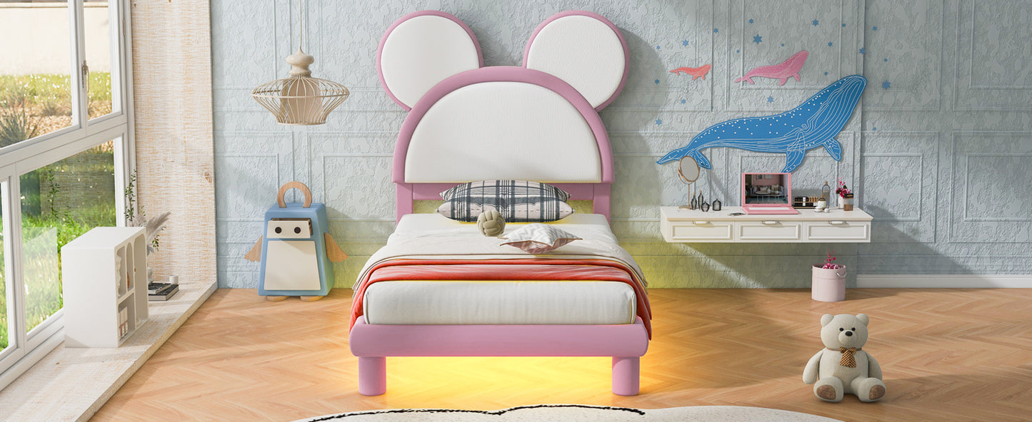 Twin Size Upholstered Platform Bed with Cartoon Ears Shaped Headboard and LED, White&Pink