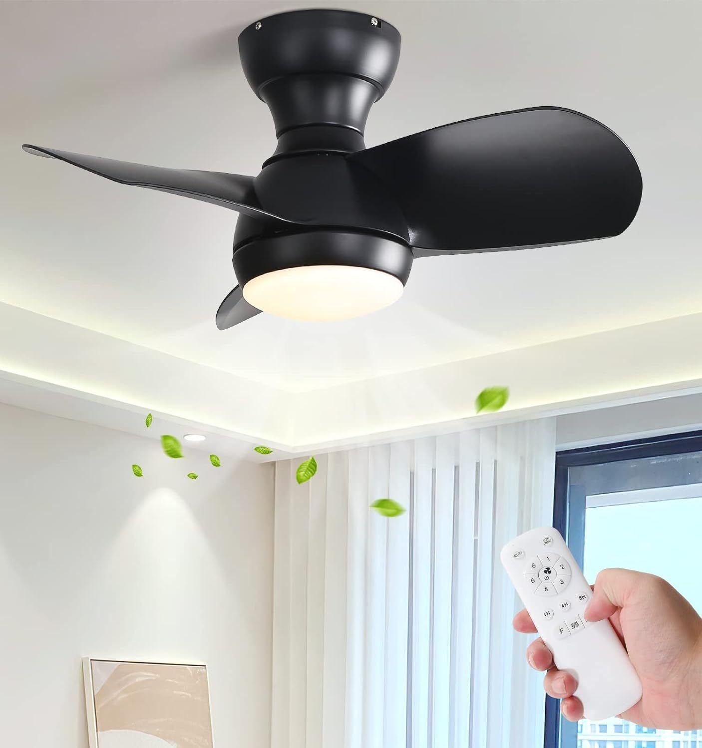 23 Inch Bedroom Ceiling Fan With 3 Color Dimmable 3 ABS Blades Remote Control DC Motor Black With 18W Led Light