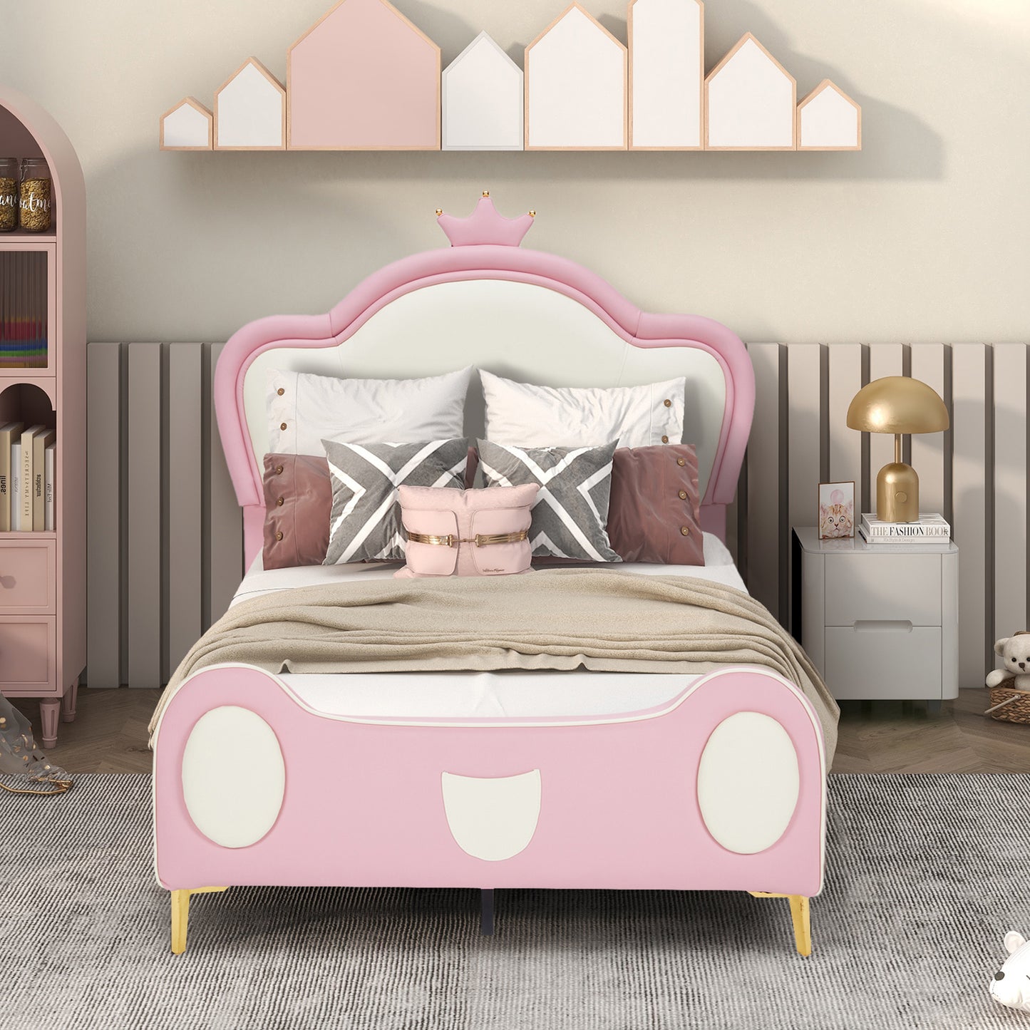 {NEW}Twin Size Princess Bed with Crown Headboard, PU Upholstered Platform Bed , Twin Size Bed Frame with Bed-End Storage Pocket for Kids Girl, No Spring Box Needed, Easy Assembly, Pink