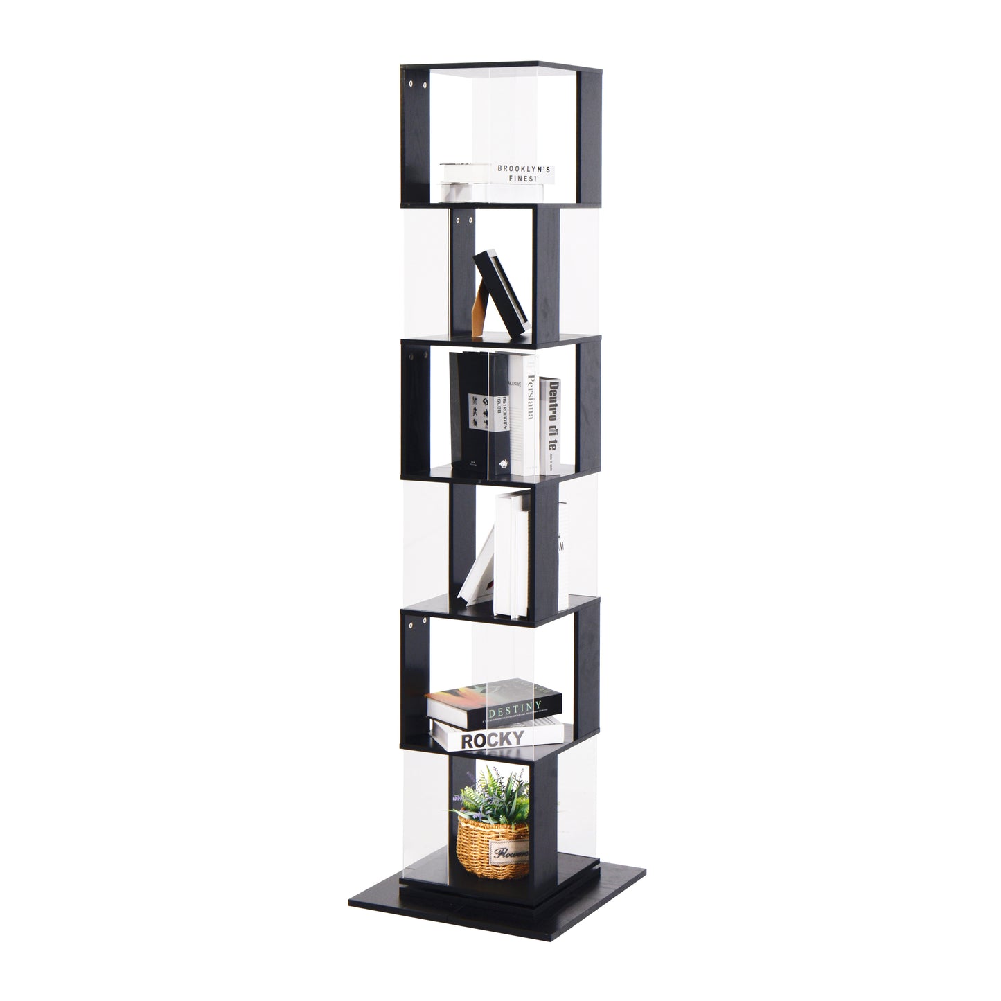 6 tier Rotating Bookshelf, Floor Rack Simple Bookcase  with Acrylic plate Student Multi-Function Creative Bookshelf for Living Room with anti-toppling base