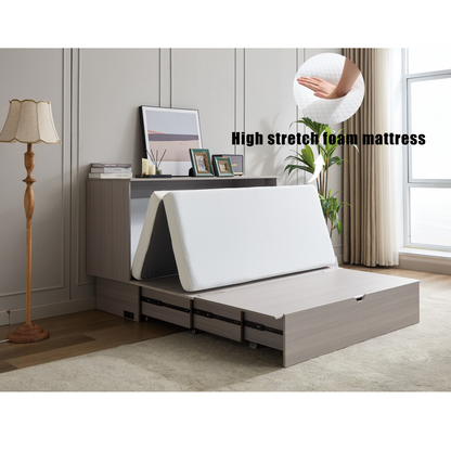 [NEW ARRIVED] [VIDEO PROVIDED]Cabinet Bed with Storage, Queen Bed ,Folding Foam Mattress & Oversized Drawers, Murphy Bed , Set of Sockets & USB Ports,Space-Saving Folding Murphy Bed , Gray