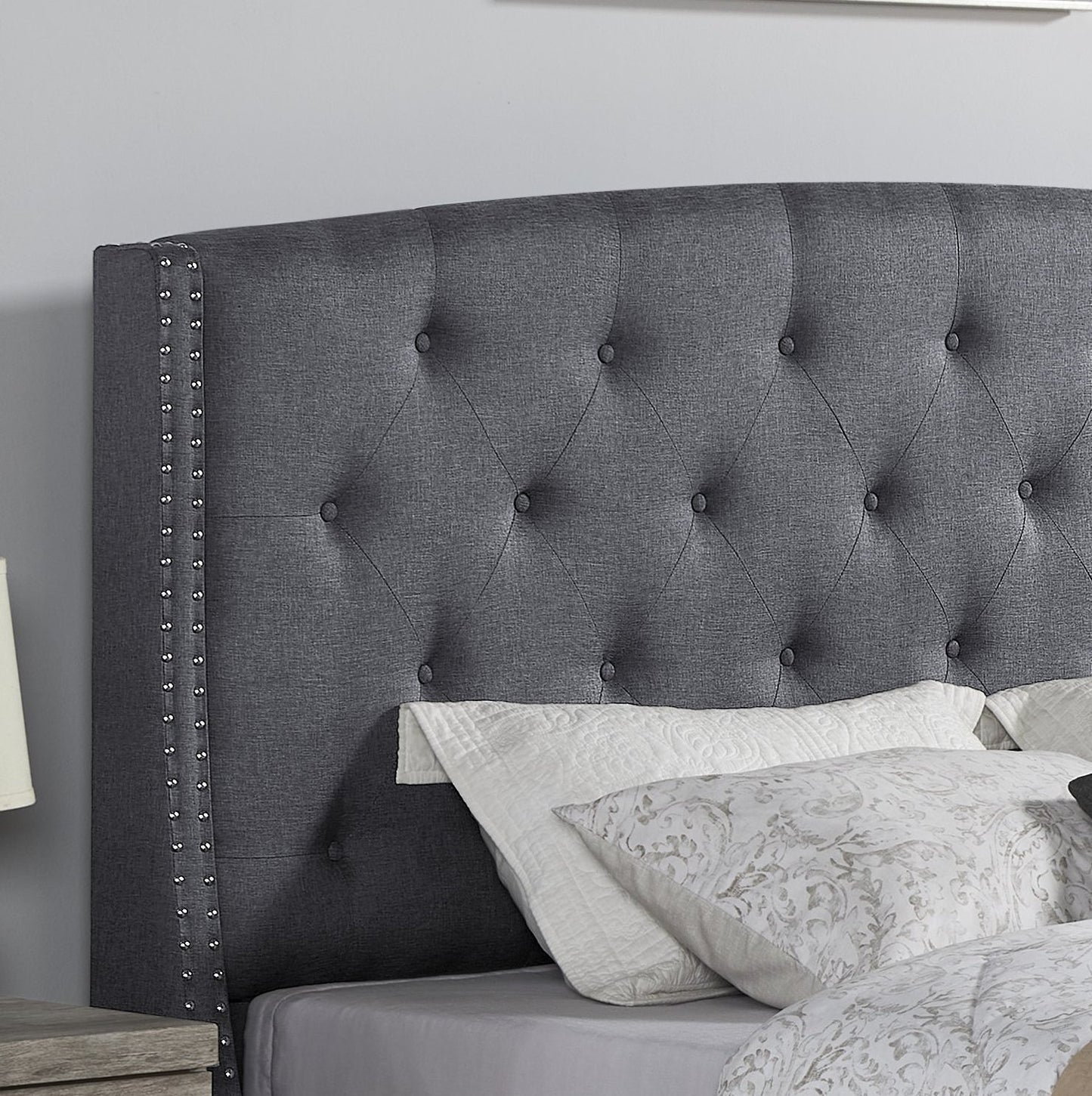 Nantarre Fabric Button Tufted Wingback Upholstered Bed with Nail Head Trim, Gray