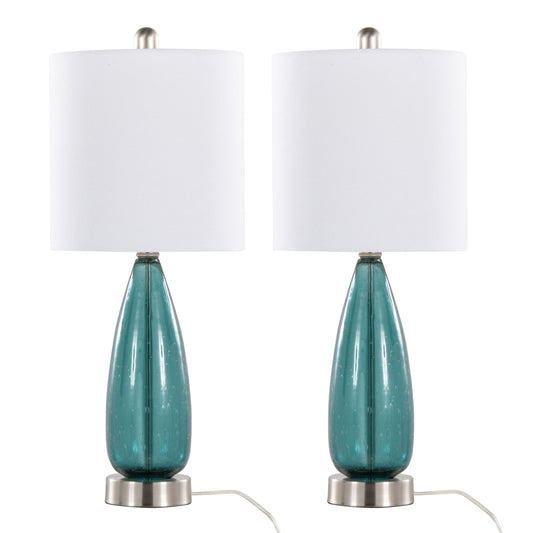 Bottega 22" Contemporary Glass Table Lamp in Sapphire Blue Seeded Glass, Brushed Nickel and White Linen Shade from Grandview Gallery by LumiSource - Set of 2