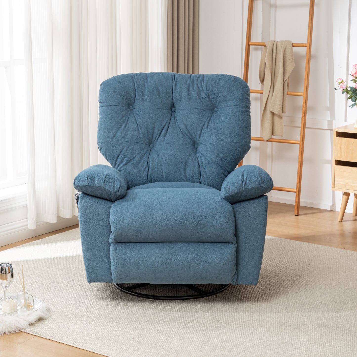 Blue Relaxing Recliner Chair,Soft Artificial Fleece, Overstuffed, Swivel, Glider, Side Pocket