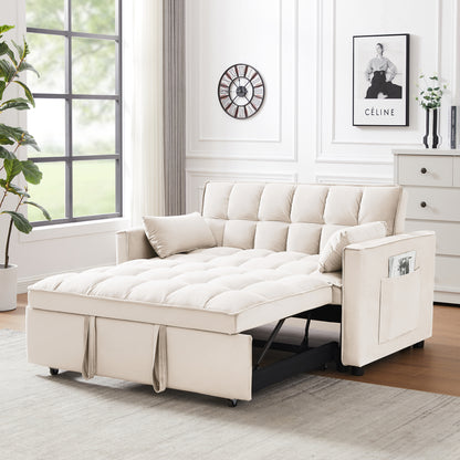 Modern Velvet Loveseat Futon Sofa Couch w/Pullout Bed,Small Love Seat Lounge Sofa w/Reclining Backrest,Toss Pillows, Pockets,Furniture for Living Room,3 in 1 Convertible Sleeper Sofa Bed, creamy white