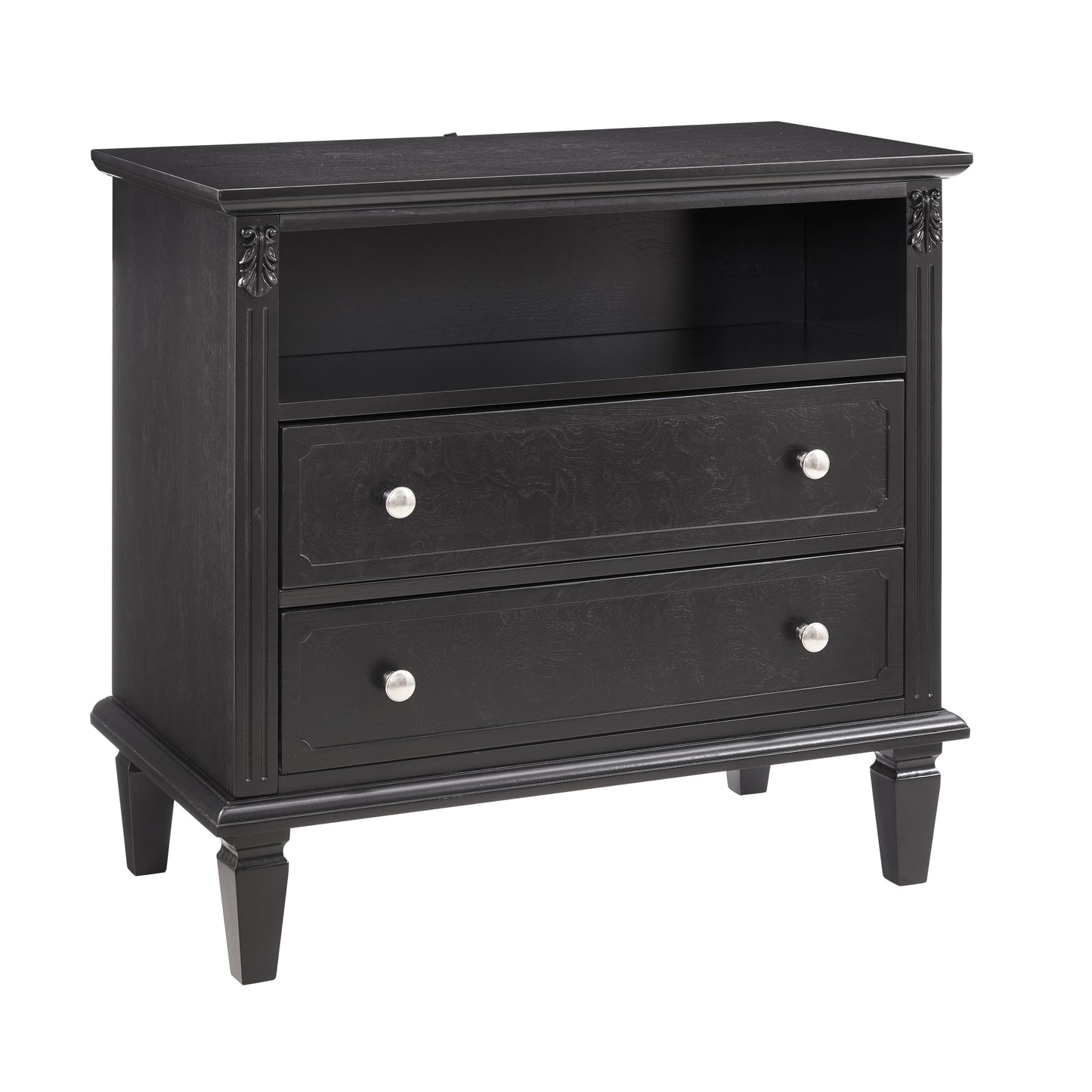 Open Space and 2 Drawers Dresser Nightstand with Charging Station, Farmhouse End Table with USB Ports and Outlets, Fluted Pilasters Design Side Table with Solid Wood Legs for Bedroom
