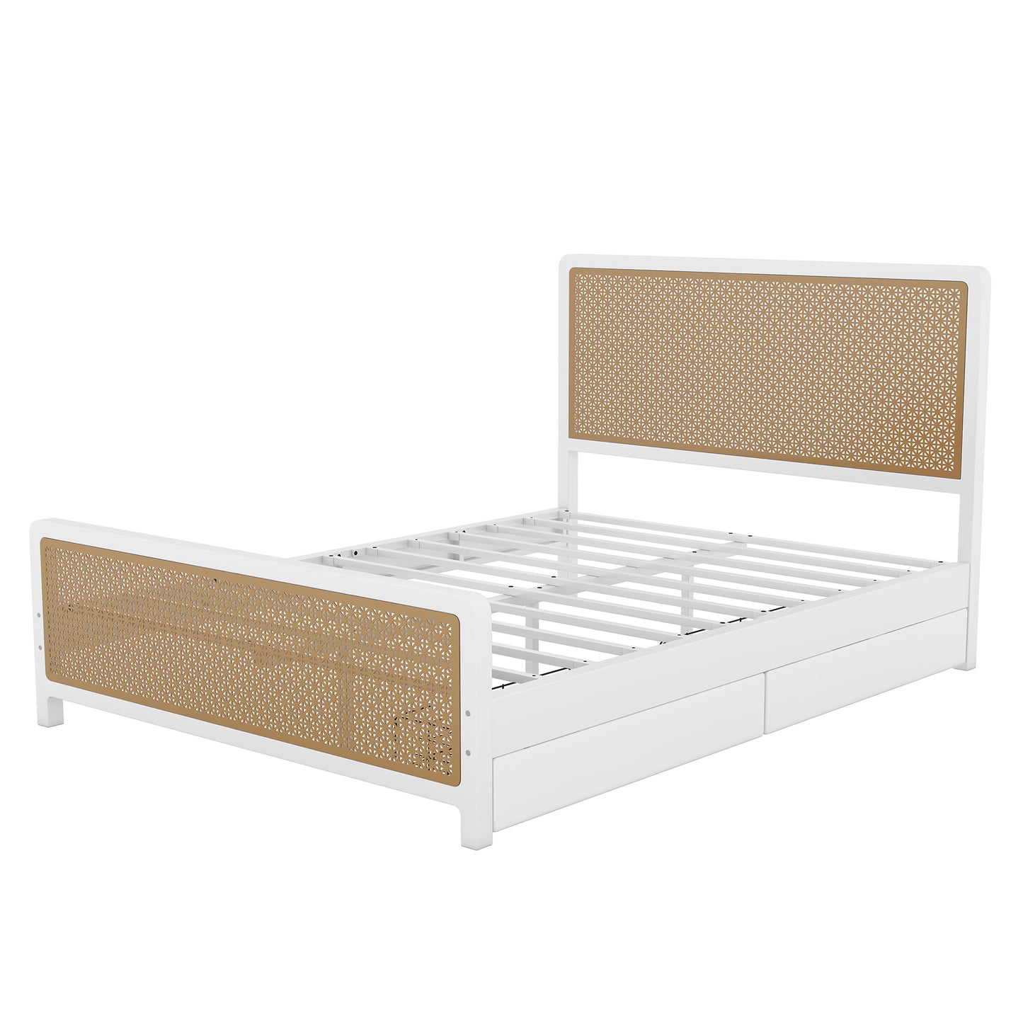 Queen Size Metal Platform Bed with 2 Drawers, White