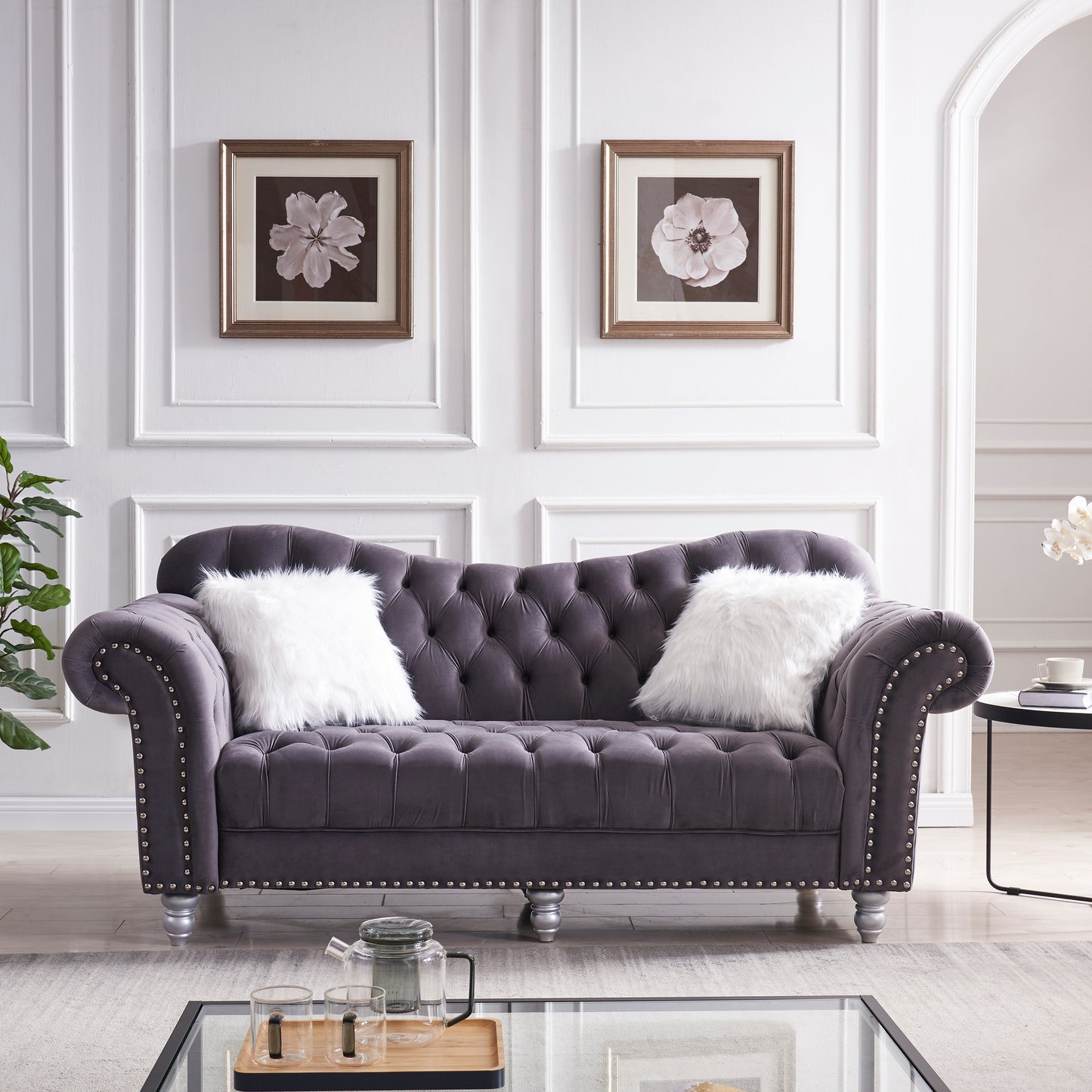 3 Piece Living Room Sofa Set, including 3-Seater Sofa, Loveseat and Sofa Chair, with Button and Copper Nail on Arms and Back, Five White Villose Pillow, Grey.