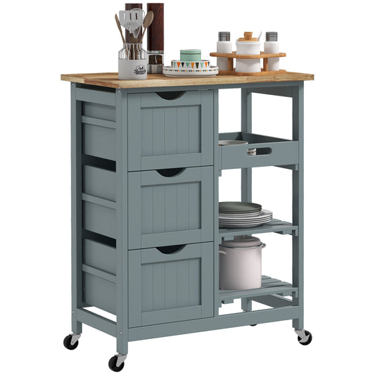 HOMCOM Rolling Kitchen Island Cart, Bar Serving Cart, Compact Trolley on Wheels with Wood Top, Shelves & Drawers for Home Dining Area, Gray