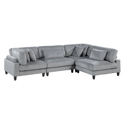 Living Room Furniture 4-Piece Modular Sectional Sofa Set Gray Corduroy Soft Cushion Pillows Solid Wood Legs