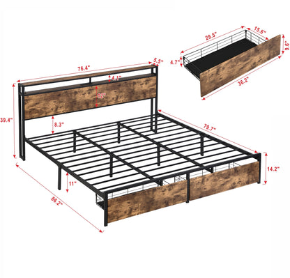 King Bed Frame, Storage Headboard with Charging Station, Solid and Stable, Noise Free, No Box Spring Needed, Easy Assembly