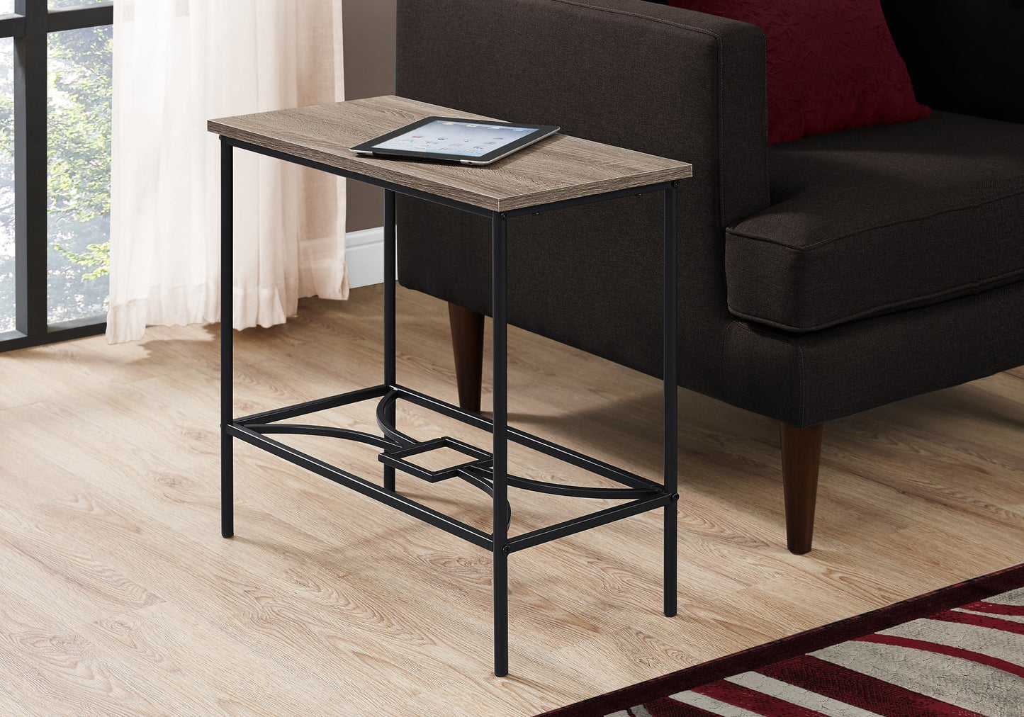 Accent Table, Side, End, Narrow, Small, 2 Tier, Living Room, Bedroom, Brown Laminate, Black Metal, Contemporary, Modern