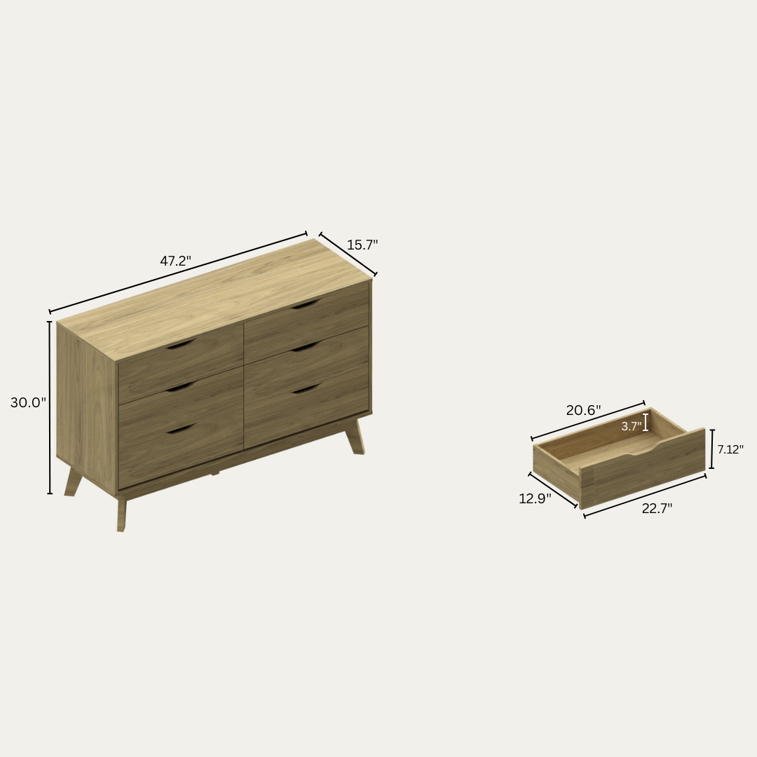 NORDICA 6 Drawer Master Dresser with Interlock Drawer Feature – Drawer Slide And Interlock Pre-Assembly, Wide Dressers for Bedroom 6 Deep Drawers for Closet Organizer -  Easy Assembly, Natural Oak