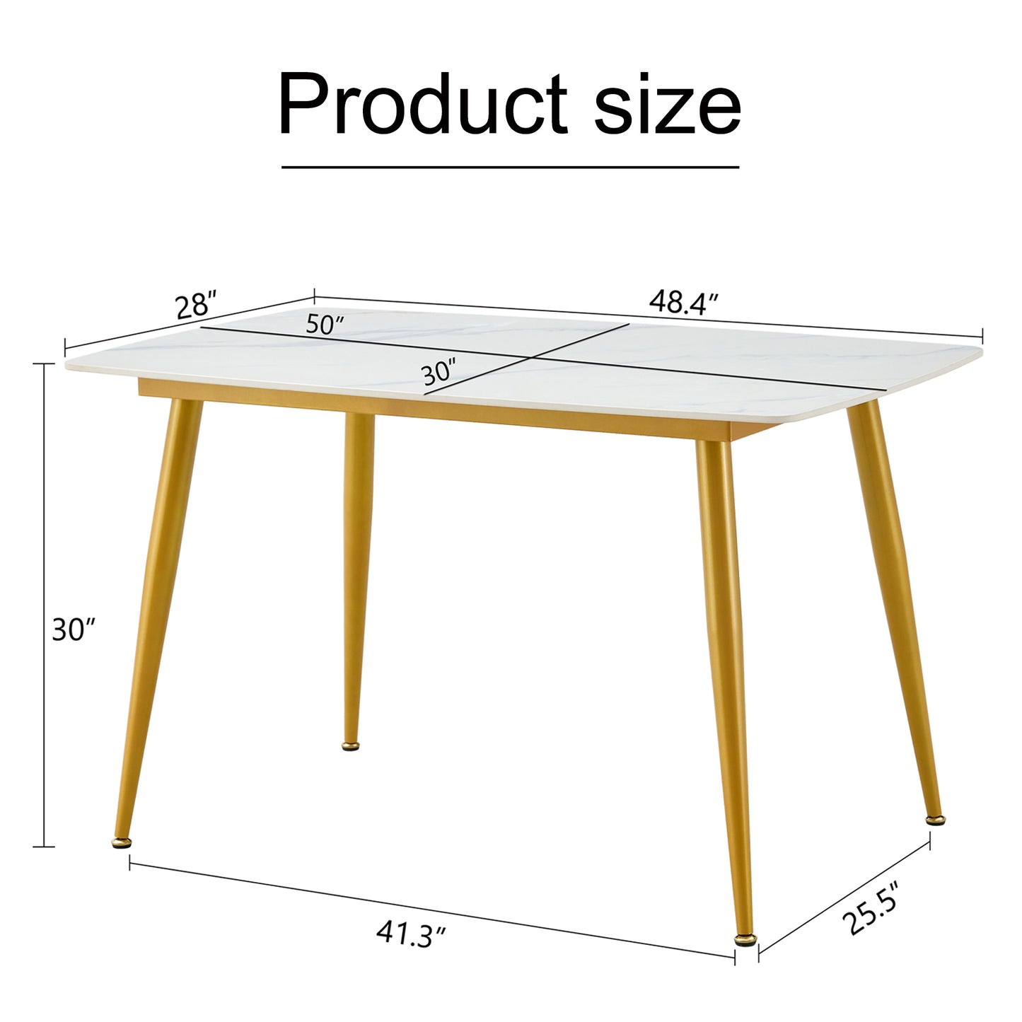 Modern minimalist dining table. White imitation marble patterned stone burning tabletop with golden metal legs. 50 "* 30" * 30 "F-001