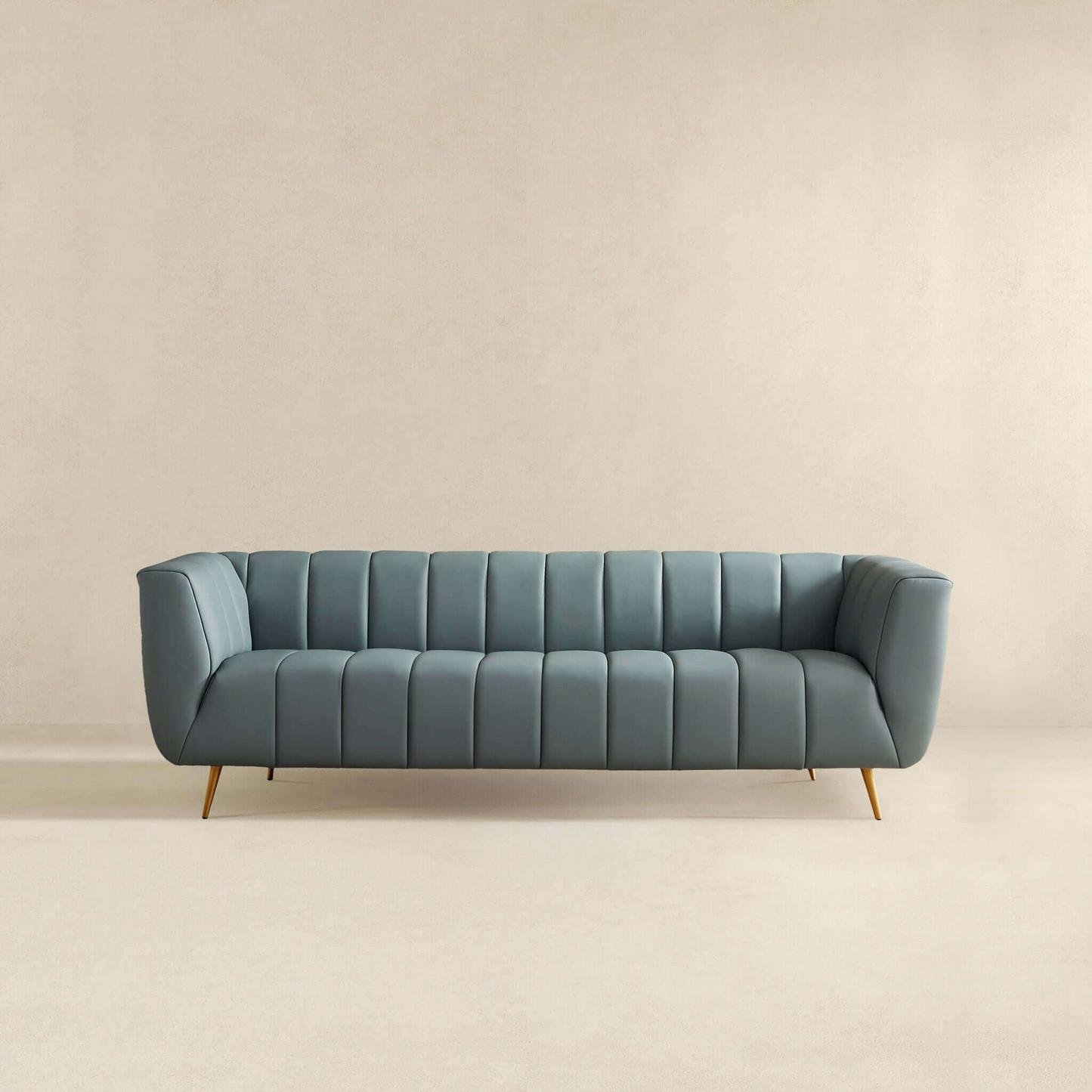 LaMattina Genuine Italian Blue Leather Channel Tufted Sofa