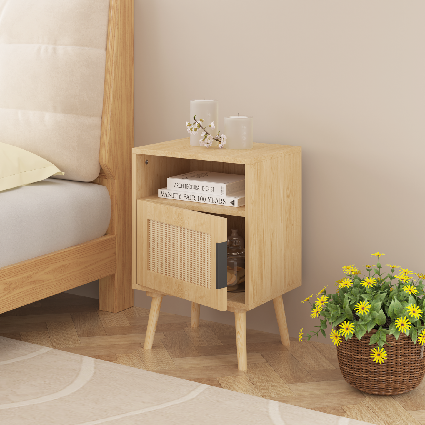 22.83'' H Rattan Nightstand, Side Table with Door Open Shelf,  Accent Bedside End Table with Solid Wood Legs for Bedroom, Dorm and Small Spaces, Oak