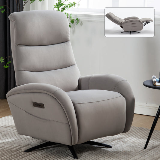 Grey Fabric Dual Motor 270° Swivel Power Recliner Chair With Heavy Duty Motion Mechanism, USB and Type-C Charging Ports.