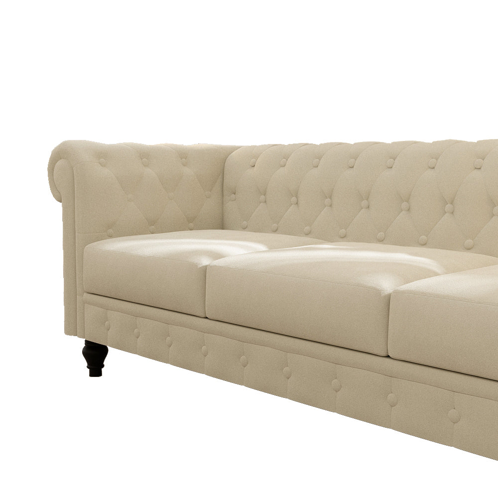 Elegant Beige Chesterfield Sofa - 3-Seater Plush Fabric with Tufted Buttons and Wooden Legs - Classic Design, Comfortable and Durable for Living Room Furniture