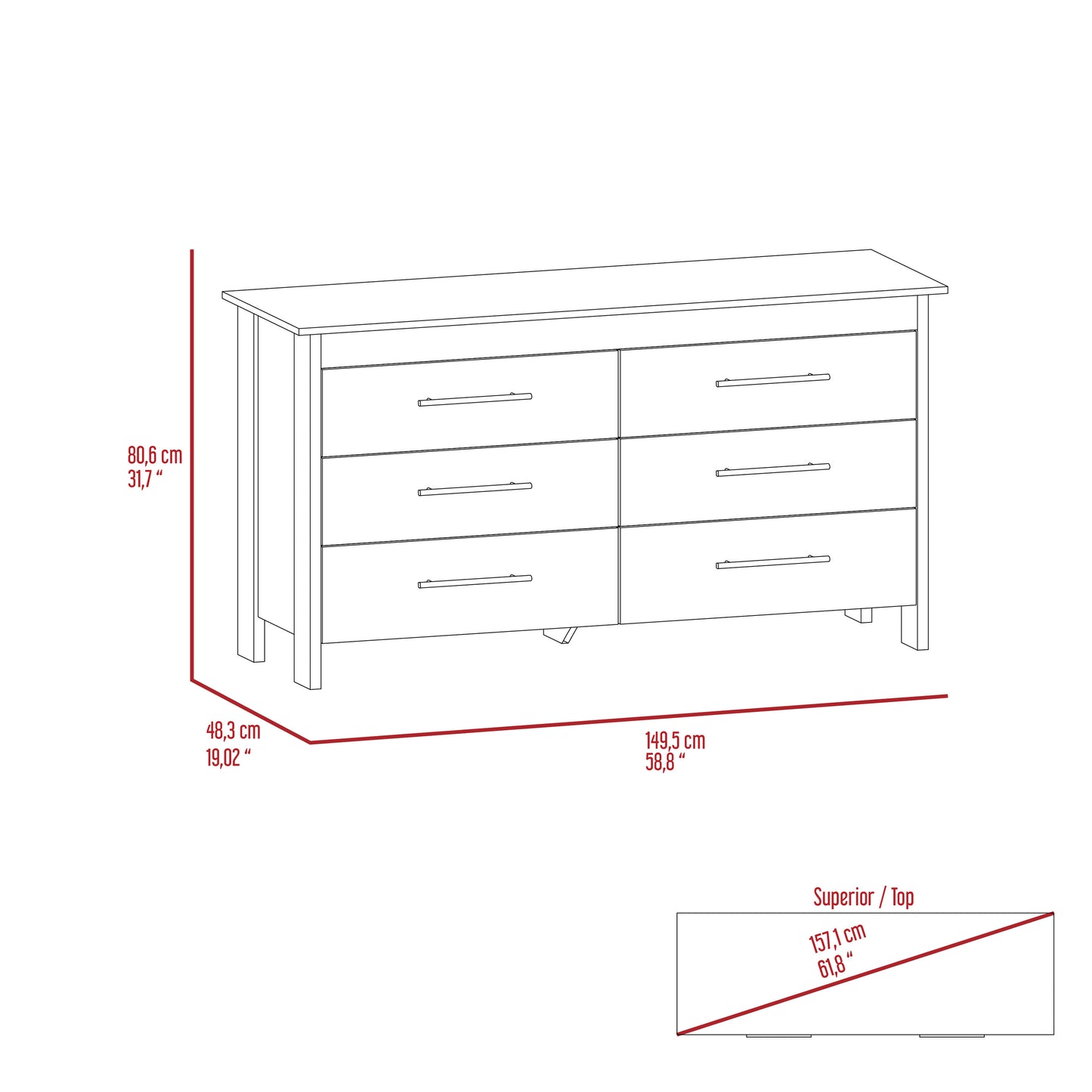 6 Drawer Double Dresser Wezz, Bedroom, Light Gray