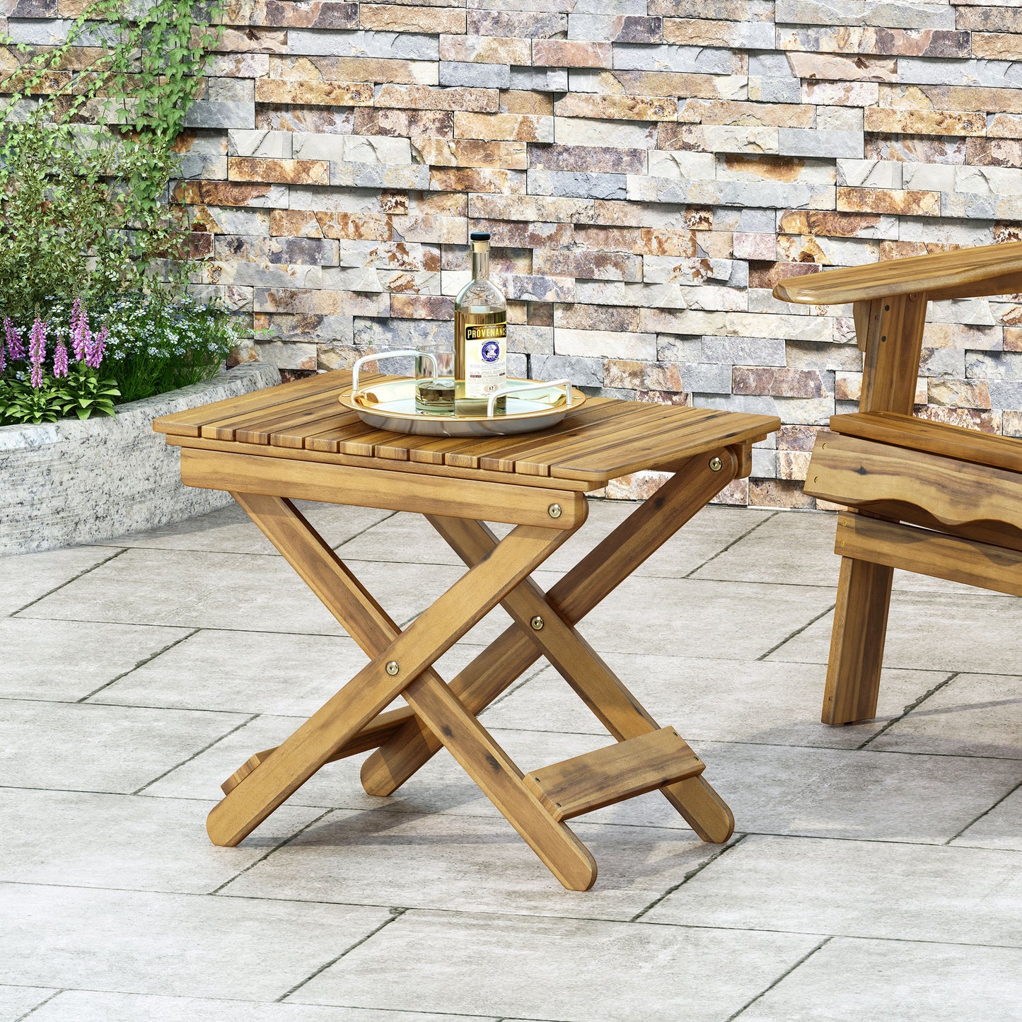 Outdoor Folding Wooden Side Table, Natural, 15'D x 22.75'W x 18.25'H