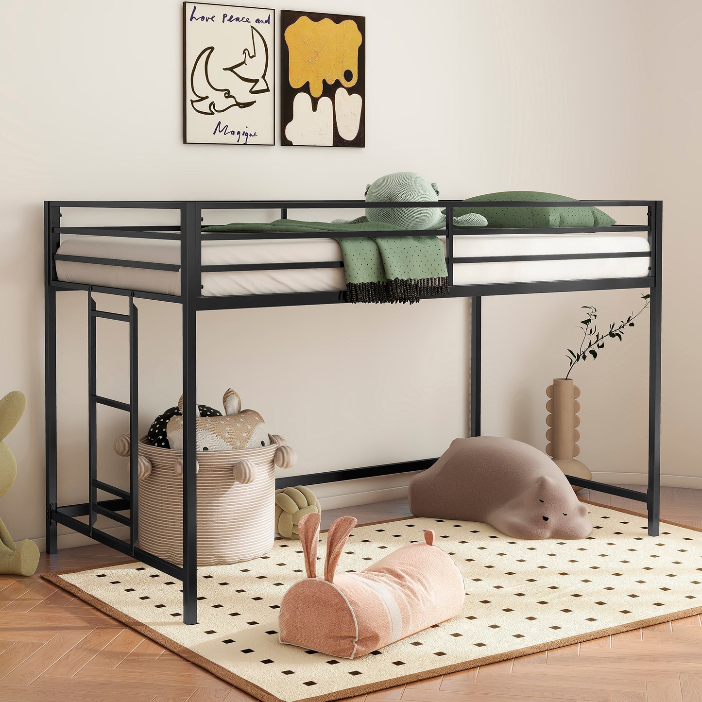 Adam sturdy junior twin loft bunk black for kids with easy climbing ladder, space saving