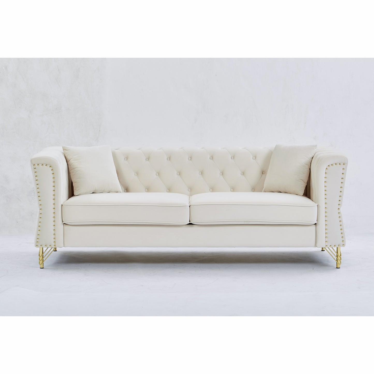 81.8" Chesterfield Sofa Grey Velvet for Living Room, 3 Seater Sofa Tufted Couch with metal foot and Nailhead for Living Room, Bedroom, Office, Apartment, two pillows