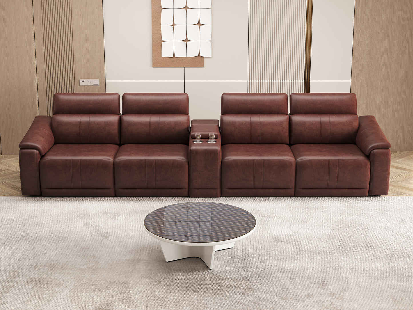 Power Recliner Sofa Set, 4-Seat Reclining Sectional Sofa with Adjustable Headrest &  Power Recline, Breathable Leather with Storage Console & USB Ports, Easy Assembly Living Room Furniture Sets