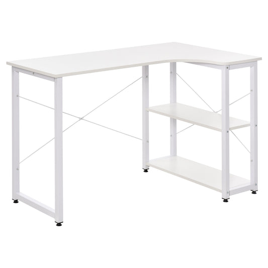 HOMCOM Industrial L-Shaped Computer Desk with 2 Side Shelves and Steel Frame, Corner Desk, Study Workstation for Home Office, White