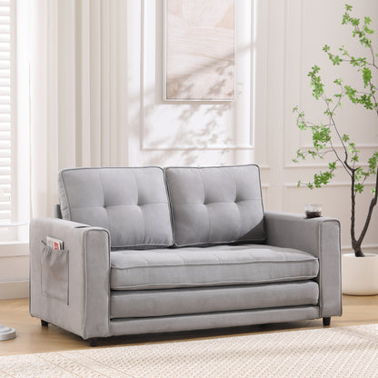 3-in-1 Upholstered Futon Sofa Convertible Sofa bed,Foldable Tufted Loveseat with Pull Out Sleeper Couch Bed,Folding Mattres Love Seat Daybed W/Side Pockets and Cup Holder, Light Gray