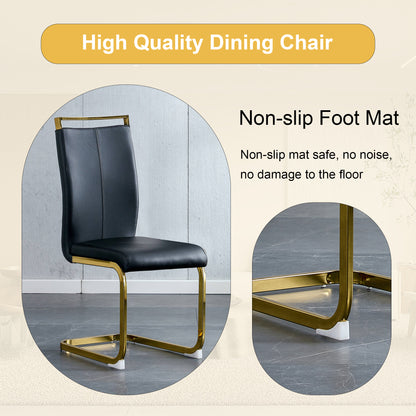 Table and chair set.67"x36" White marble pattern MDF Dining Table Set with 8 Black PU Chairs.MDF sticker,White marble pattern sticker,Gold C-tube chair legs,Suitable for kitchen,Dining room,etc.