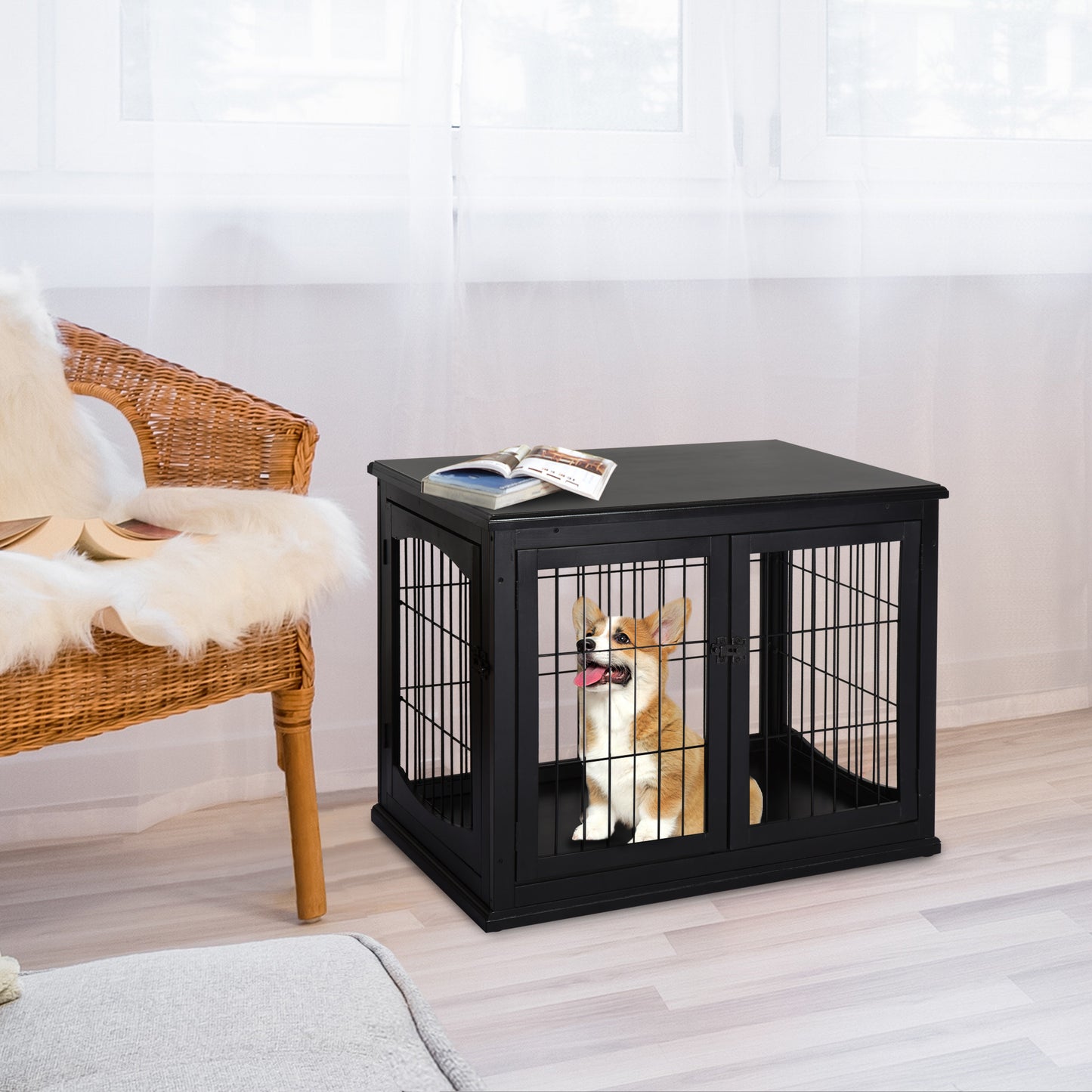 PawHut Dog Crate Furniture, Small Dog Cage End Table with Two Opening Sides, Lockable Door, Puppy Kennel Indoor, Cute and Decorative, Black