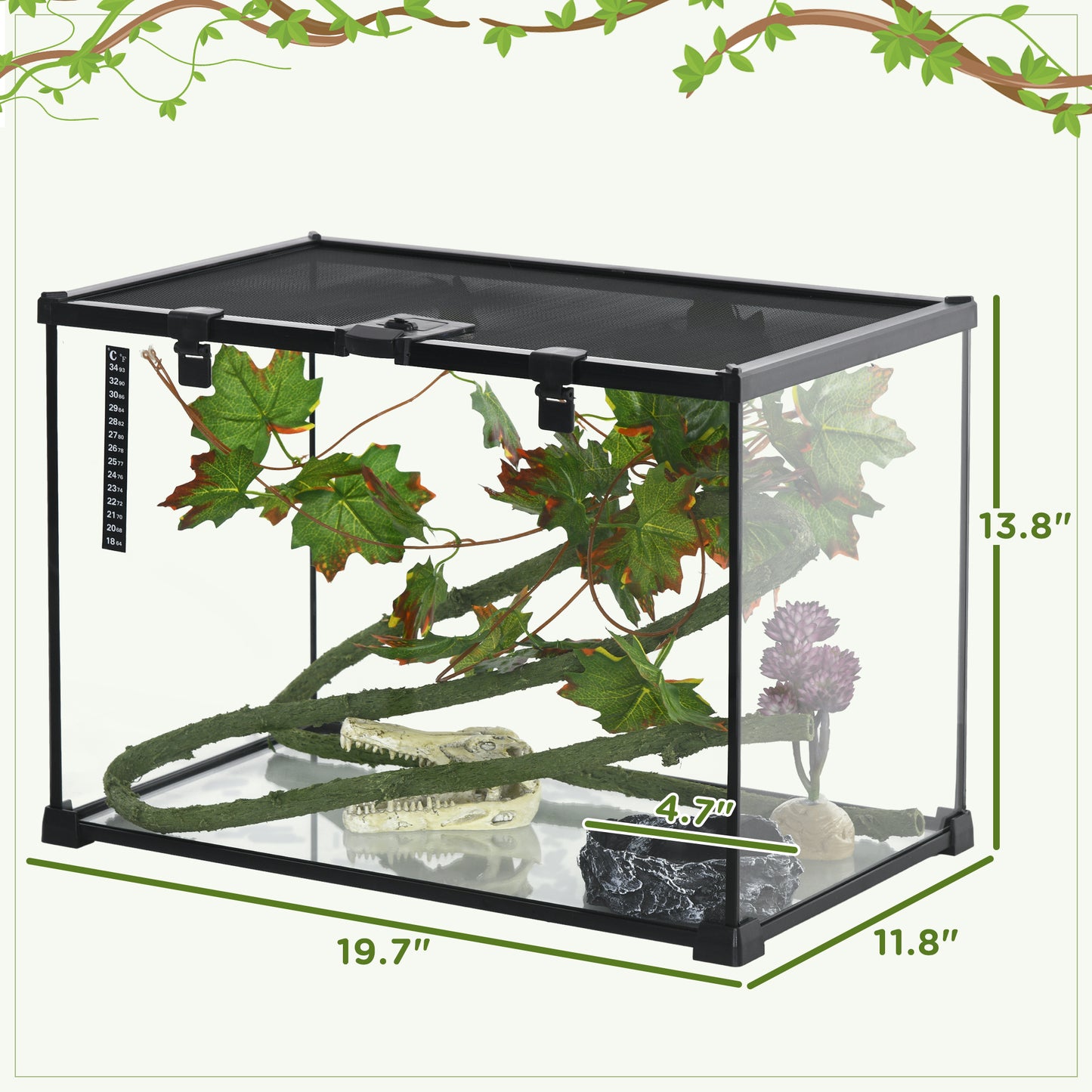 PawHut 14 Gallon Reptile Glass Terrarium Tank with Decor Kit, Breeding Box Full View with Visually Appealing Sliding Screen Top for Lizards, Frogs, Snakes, Spiders, 20" x 12" x 14", Black