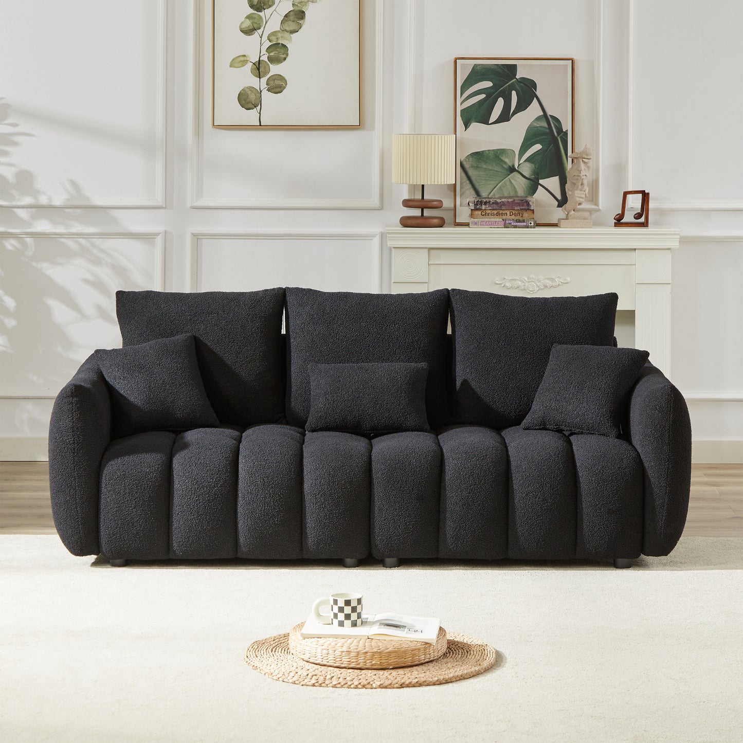 3 Seater + 3 Seater Combo Sofa Modern Living Room Sofa, Teddy Sofa, Wooden Frame, 6 Cushions, Apartment Sofa Furniture