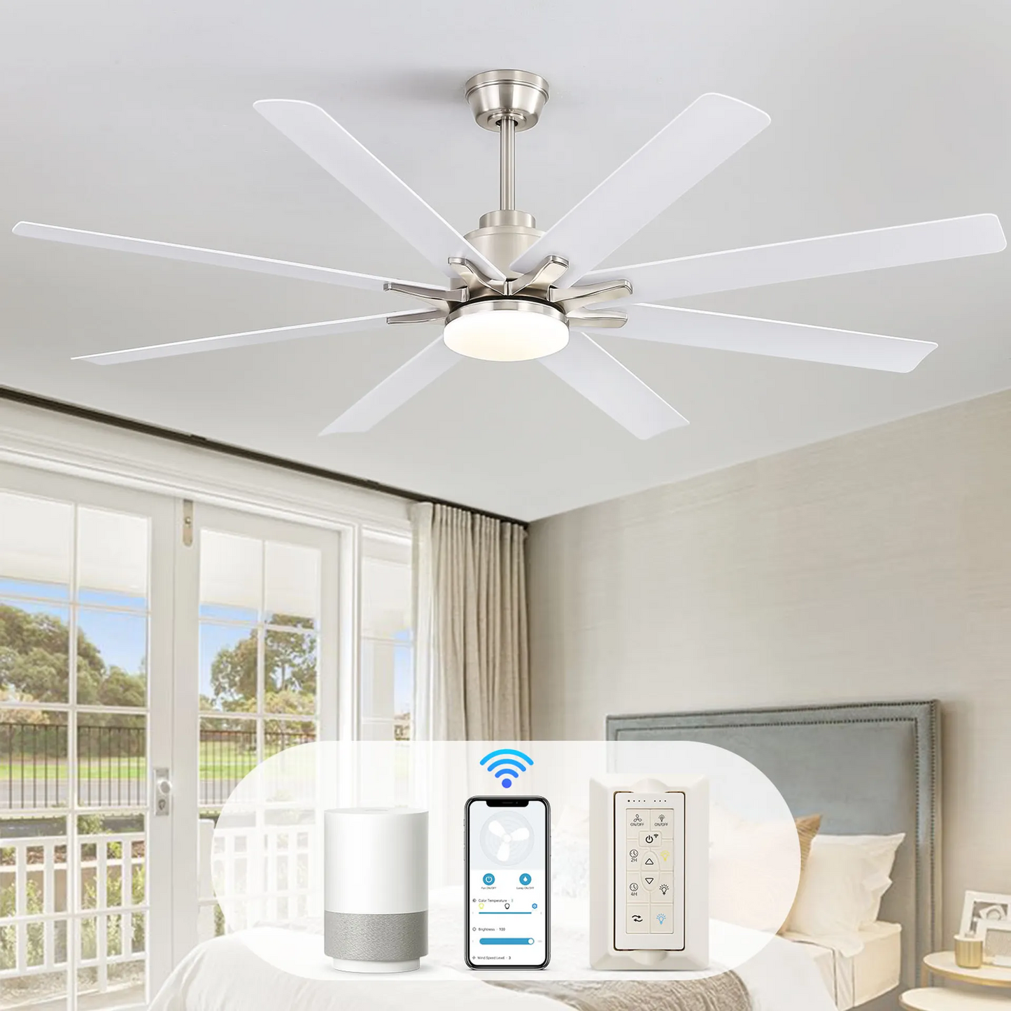 66 Inch Modern Ceiling Fan With Dimmable Led Light 8 ABS Blades Remote Control Reversible DC Motor For Home Office