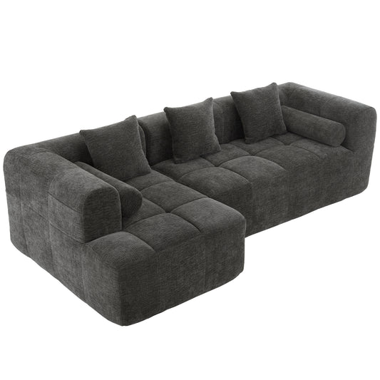 Modern Grey Modular Sectional Sofa with Deep Seating and Side Pockets in Chenille Fabric