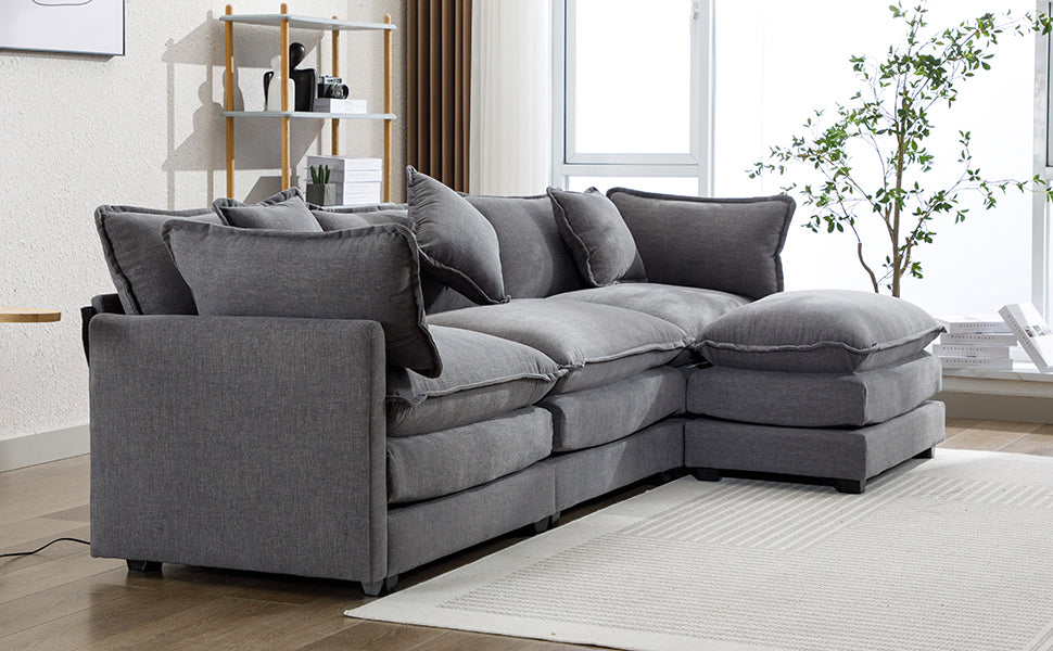 112.2" L-Shape Chenille Upholstered Sofa for Living Room Modern Luxury Sofa Couch with Ottoman, 5 Pillows, Gray