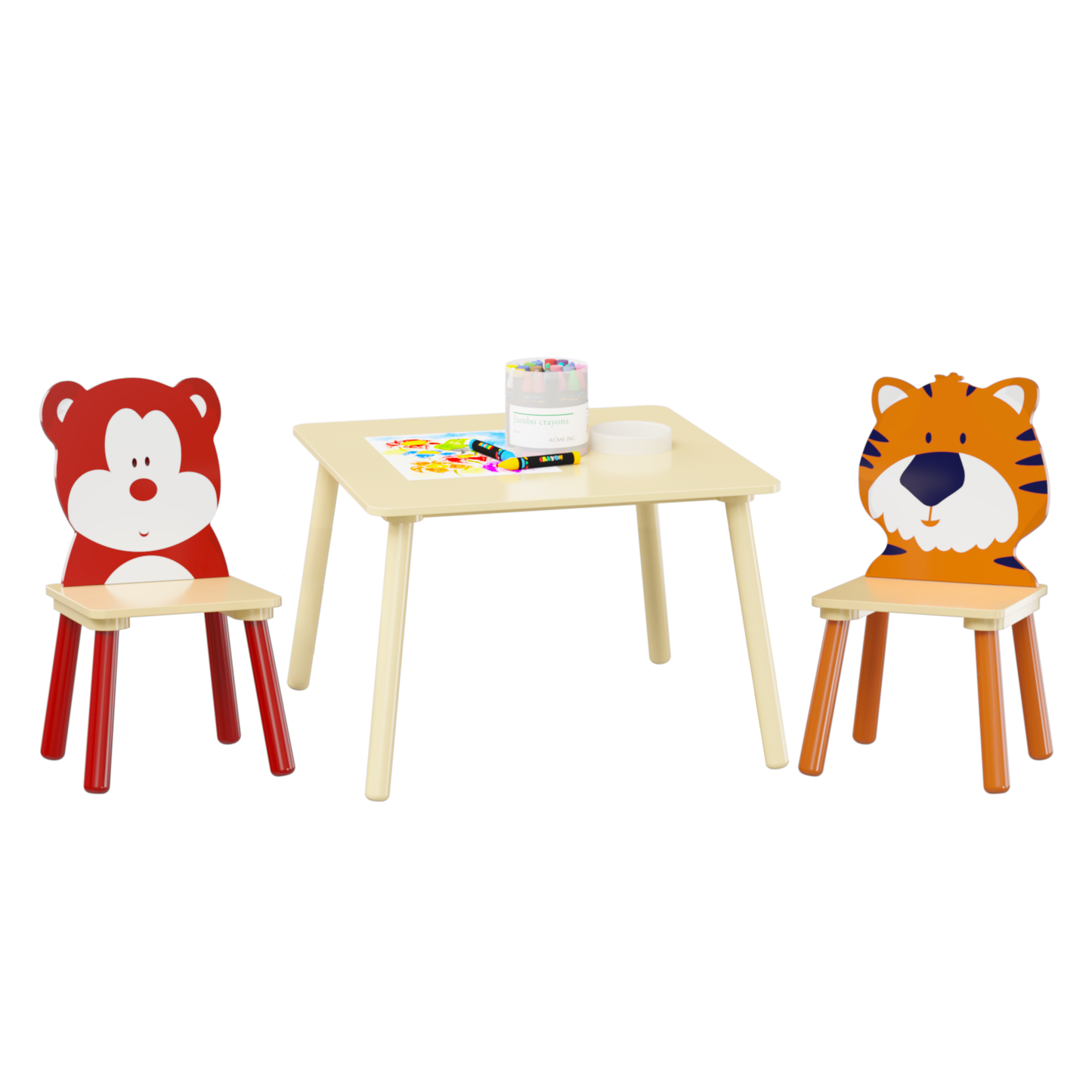 Kids Table and 2 Chairs Set, 3 Pieces Toddler Table and Chair Set, Wooden Activity Play Table Set (Bear&Tiger)