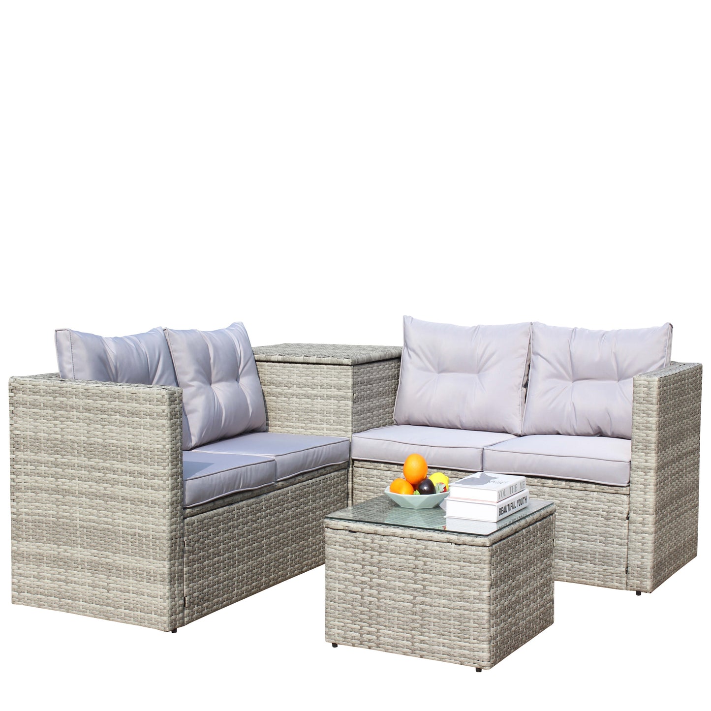 4 Piece Patio Sectional Wicker Rattan Outdoor Furniture Sofa Set with Storage Box Grey