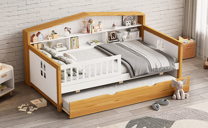 Twin Size House Shape Daybed with Trundle and Bookcase Headboard  Wooden  Bed Safety Fence Guardrails  Bed for Girls Boys Teens, No Box Spring Needed, Walnut and White