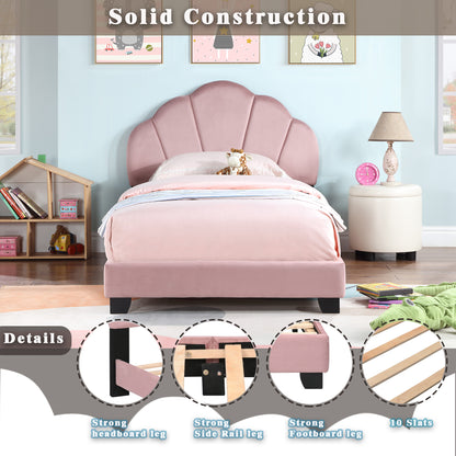 Upholstered Twin Size Platform Bed for Kids, Wooden Bed Frame with Slatted Bed Base, No Box Spring Needed, Cute Bed Frame with Shell Design Headboard for Girls Boys Teens, Pink