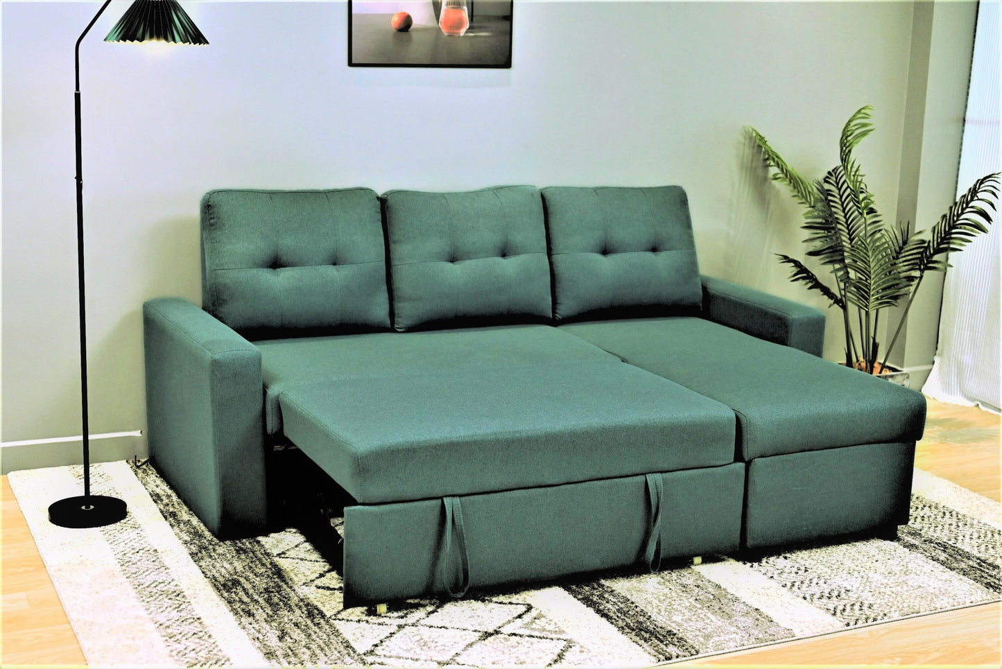 Container Furniture Direct Convertible L-Shaped Sectional Sleeper Sofa Bed, Stylish Apartment Furniture, Saving Pull Out Couch for Small Spaces and Living Rooms, Bluenish Green