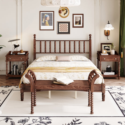 4-Pieces Retro Style Bedroom Sets, Queen Size Platform Bed with Gourd Shaped Headboard, Storage Nightstand and Bench with Turned Legs, Walnut