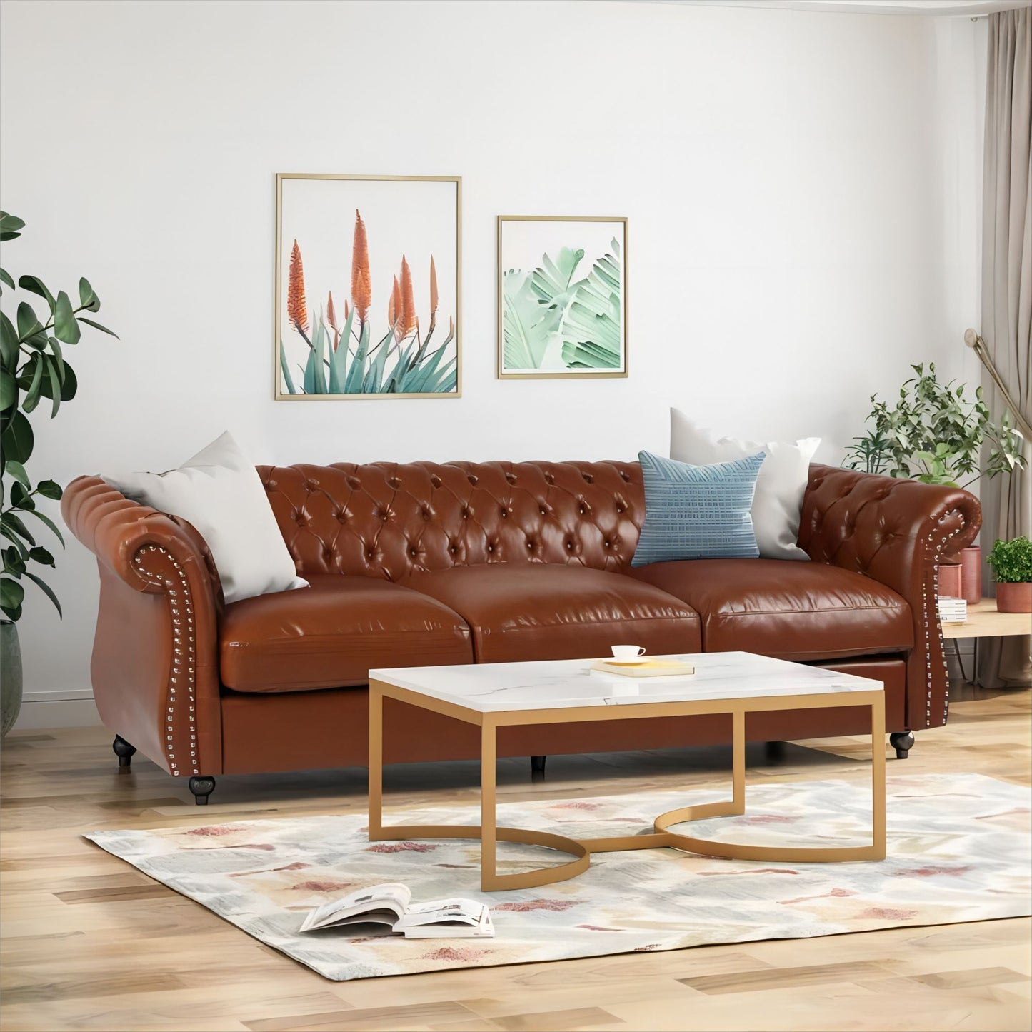 84.50'' Mid Century Cognac Brown 3-Seater Sofa, PU, Classic Retro Sofa with Rolled Arms – Modern, Elegant, and Comfortable Couch, Perfect for Living Room, Office, Bedroom, Primary Living Spaces