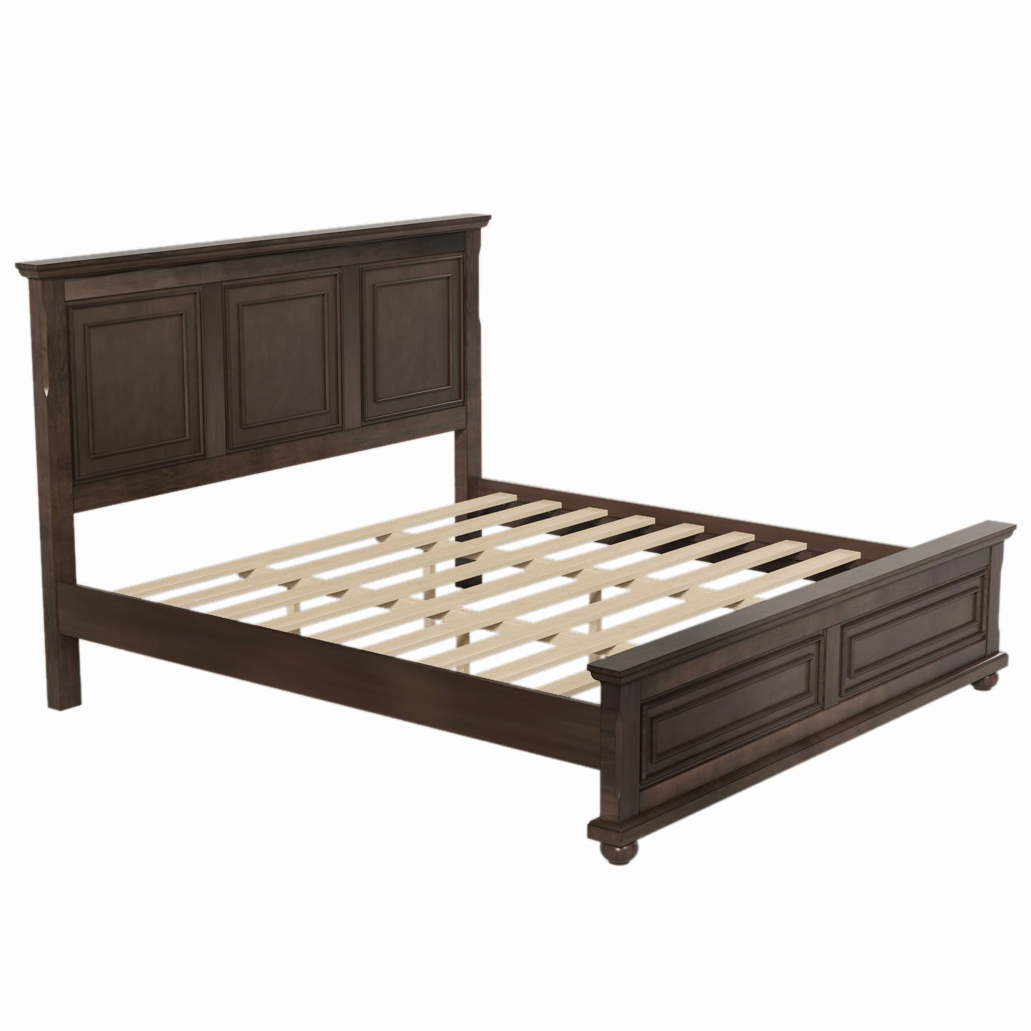 Traditional Town and Country Style Pinewood Vintage Queen Bed, Rich Brown