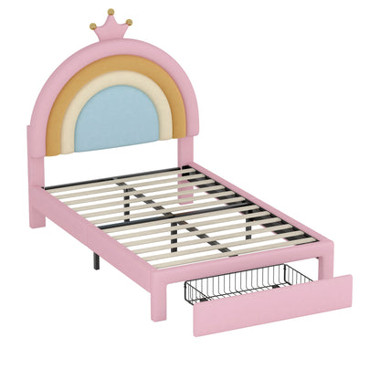 Twin Size Upholstered Rainbow Design Bed, Velvet Princess Platform Bed with Storage Drawer, No Box-spring Needed,Colorful&Pink