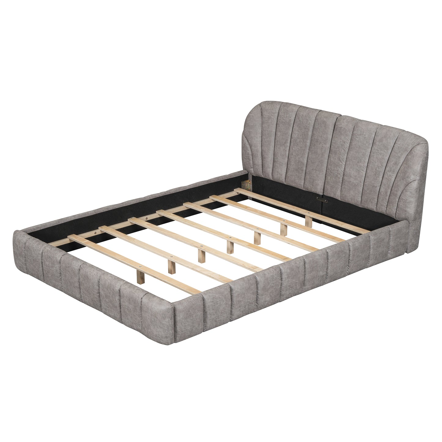 Queen Size Upholstered Platform Bed with Thick Fabric, Polyester, Gray