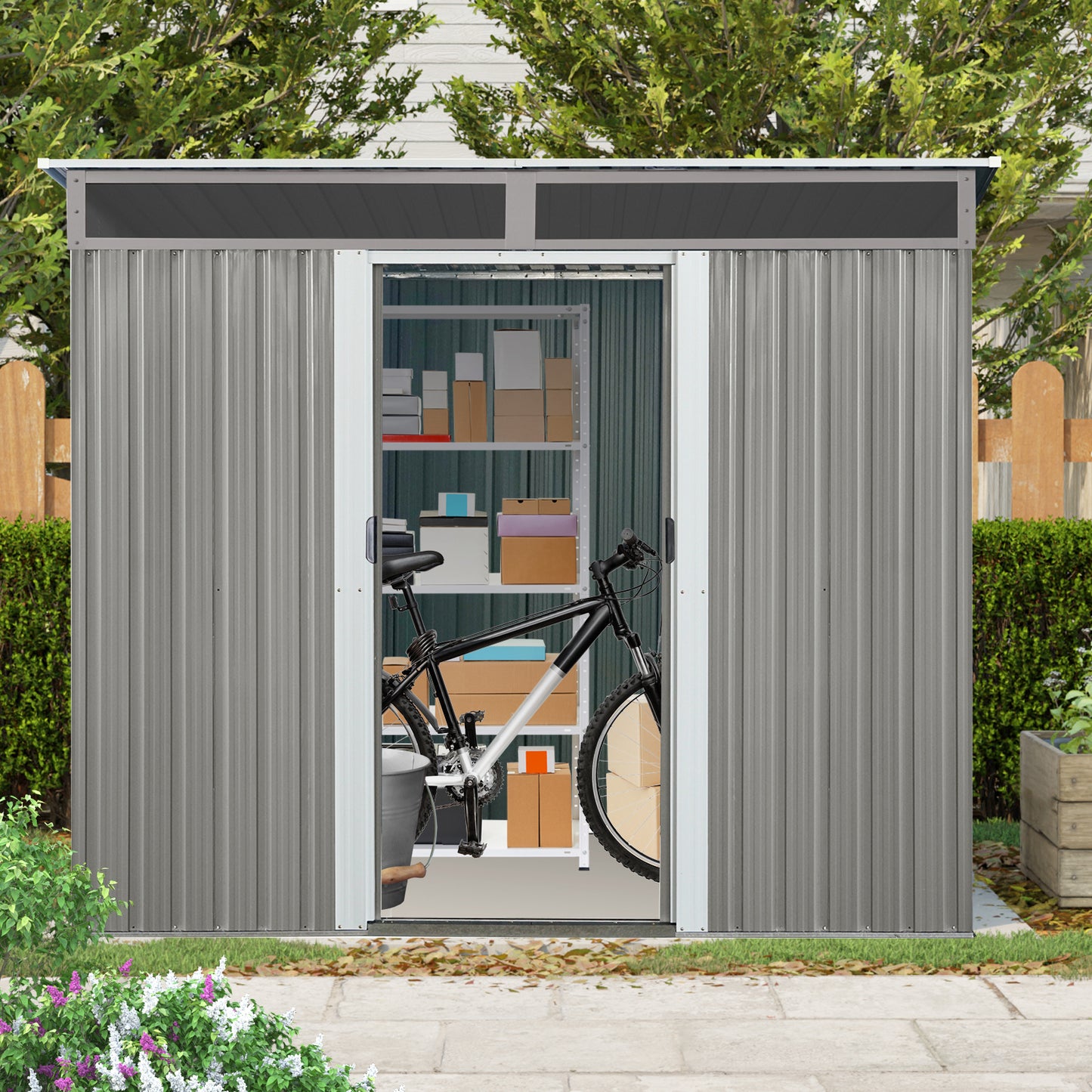 8 ft x 6 ft Outdoor Metal Storage Shed with Window,Transparent plate and lockable sliding door for Garden, Lawn (Gray)