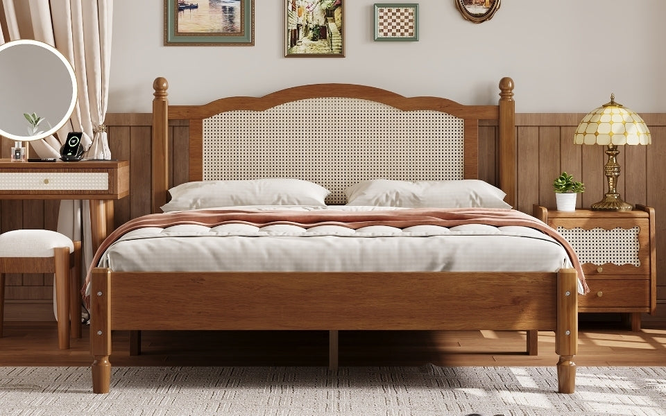 Queen Size Wooden Platform Bed with Natural Rattan Headboard, Vintage Bed Frame with Wooden Slat Support, Walnut